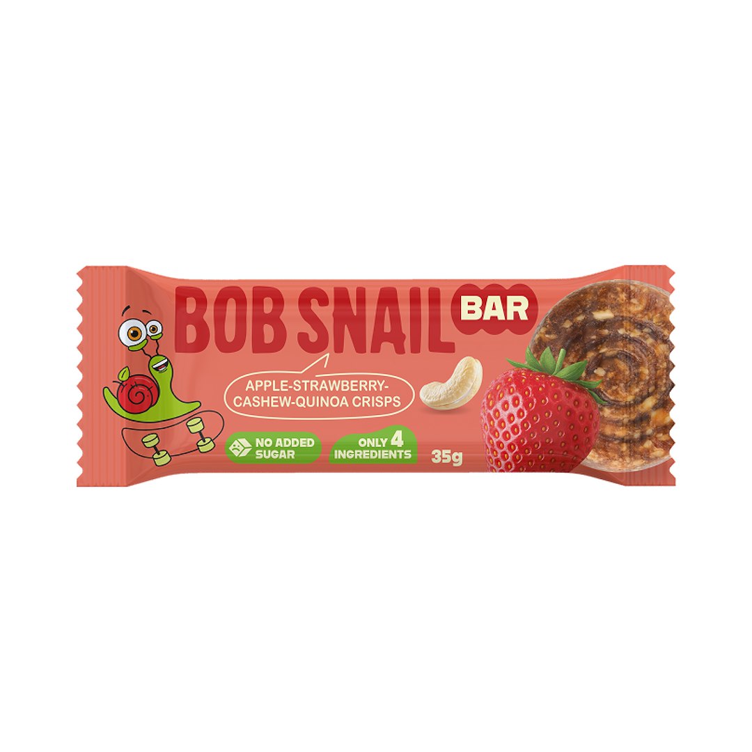 BATON JABŁKO - TRUSKAWKA - ORZECHY NERKOWCA BEZ DODATKU CUKRÓW 35 g - BOB SNAIL
