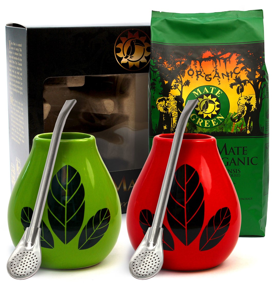 ZESTAW DLA DWOJGA (YERBA MATE BIO 400 g, 2 x MATERO (LOSOWY WZÓR), 2 x BOMBILLA) - YERBA MATE GREEN ORGANIC