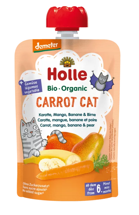 MUS MARCHEWKOWY KOT (MARCHEW - MANGO - BANAN - GRUSZKA) BEZ DODATKU CUKRÓW BEZGLUTENOWY OD 6 MIESIĄCA DEMETER BIO 100 g - HOLLE